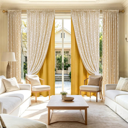 ASPMIZ Linen Curtains for Living Room Double Layer Curtains with Linen Lace, Mustard Yellow Bedroom Curtain Light Filtering, Rod Pocket Drapes 84 Inch Length 2 Panels Set with 2 Tiebacks, 52x84