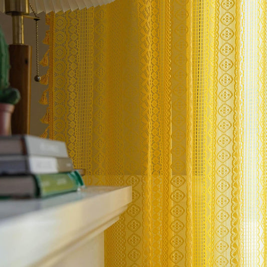 Boho Tassel Crochet Curtains Vintage Rod Pocket Semi Sheer Geometry Knitted Lace Light Filtering Farmhouse Drapes 70 inches Long 2 Panels Set for Bedroom/Living Room Yellow