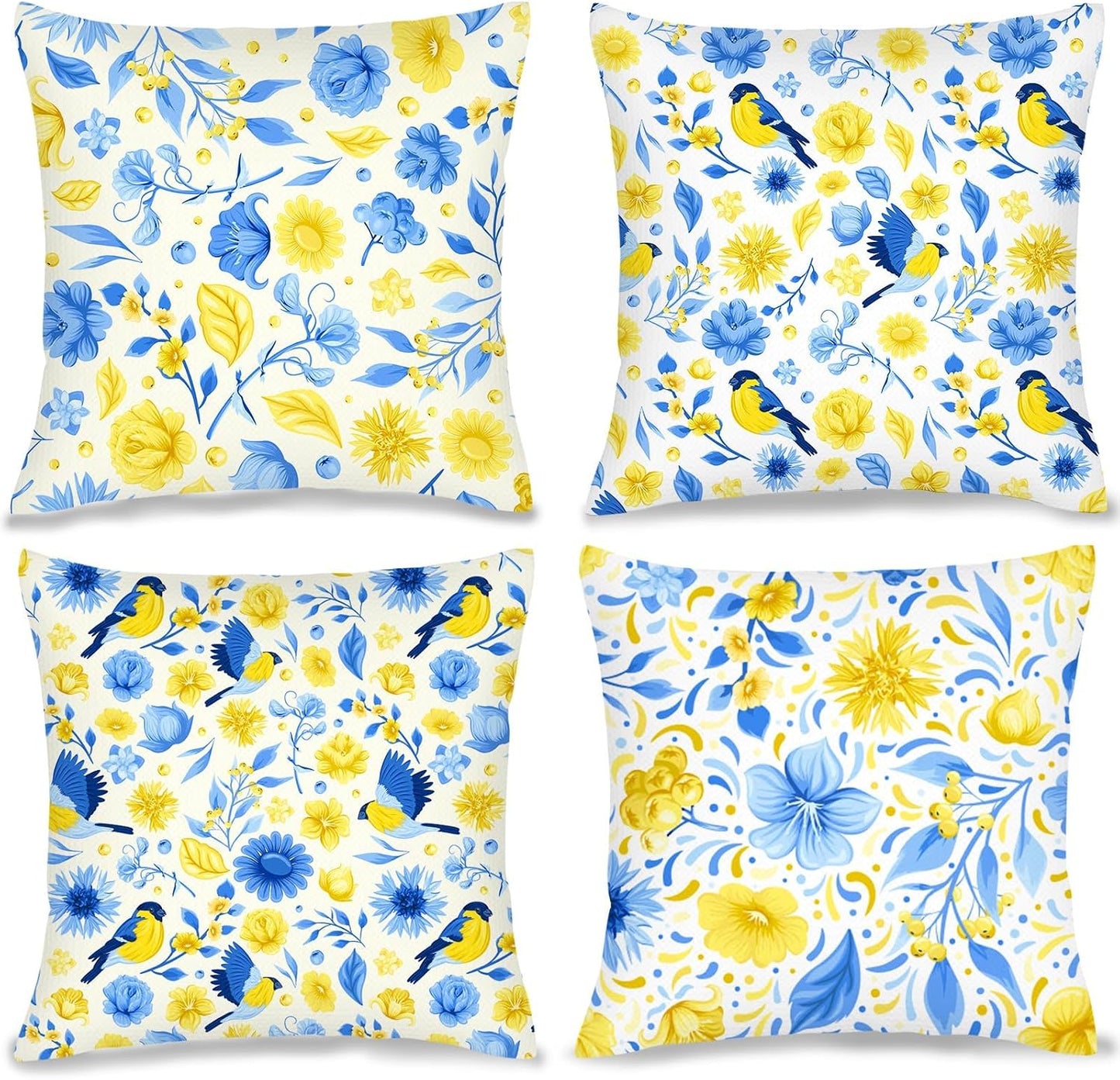 Blue and Yellow Floral Bird Pillow Covers 18x18 Inch Set of 4 Decorative Throw Pillows Abstract Pillowcases for Cushion Cover Sofa Bed Couch Living Room Home Decor