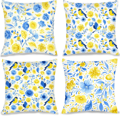 Blue and Yellow Floral Bird Pillow Covers 18x18 Inch Set of 4 Decorative Throw Pillows Abstract Pillowcases for Cushion Cover Sofa Bed Couch Living Room Home Decor