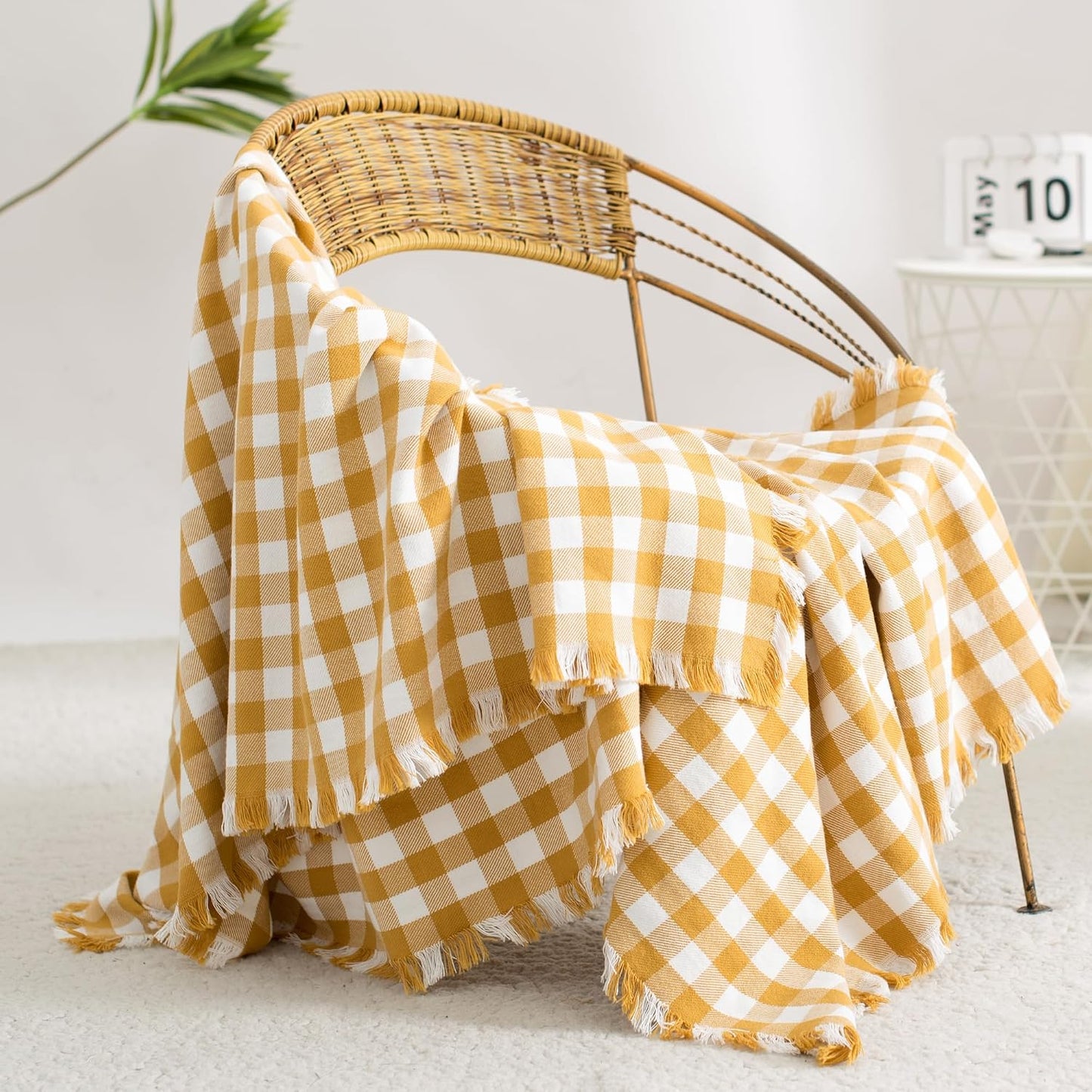 100% Cotton Throw Blanket Plaid Soft Lightweight Cozy Farmhouse Tassels Summer Thin Breathable Throws for Couch Sofa Bed (50" × 60" Yellow)