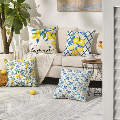 AVOIN colorlife Lemon Summer Throw Pillow Covers, 18 x 18 Inch Bule Diamond Check Bamboo Summer Cushion Case for Sofa Couch Set of 4