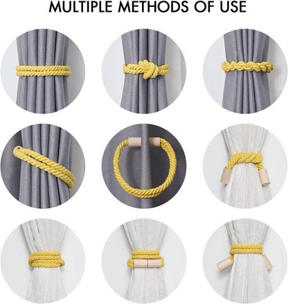 NICEEC 2 Pack Wooden Magnetic Curtain Tiebacks Boho Decoration Drape Tie Backs Natural Cotton Handmade Double Rope Curtain Holdbacks for Thin & Thick Home & Office Window Drapery (New Yellow)