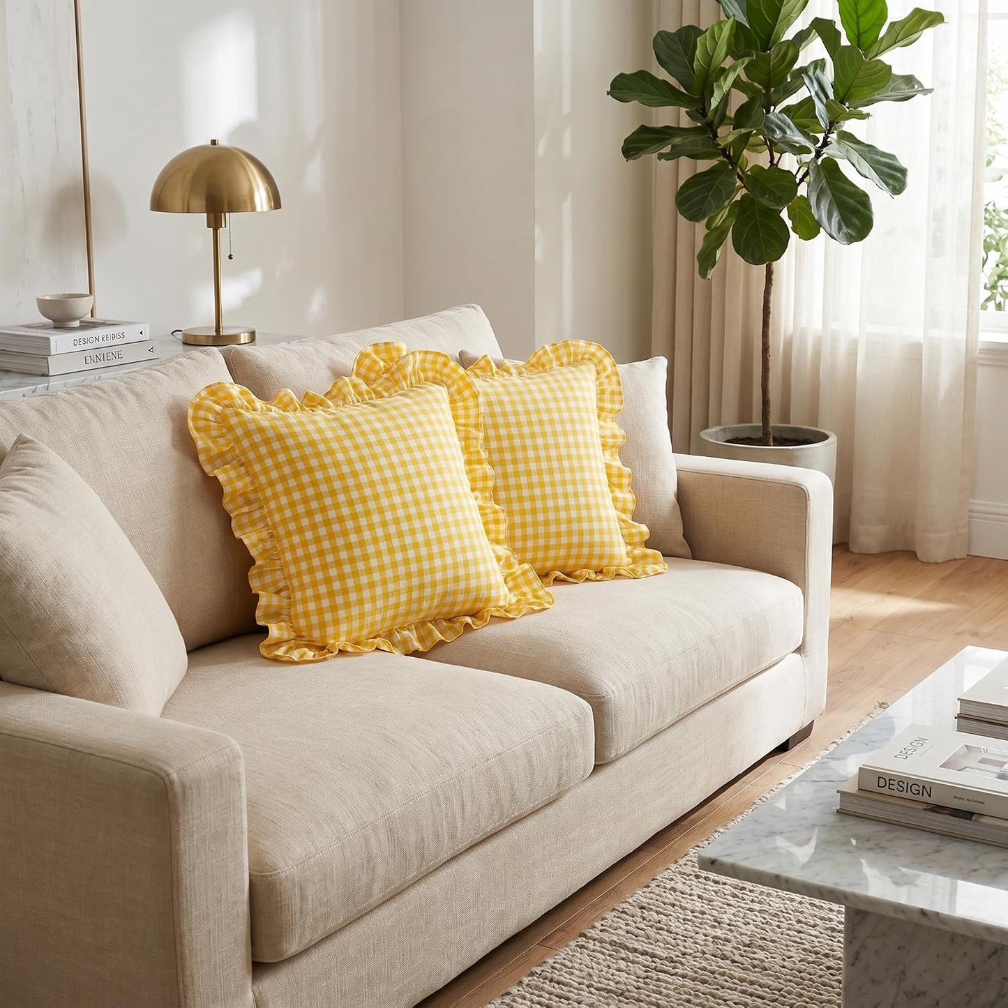 PartyDelight Gingham Throw Pillow Covers Yellow and White Ruffle Plaid Checkered Fall Decorative Farmhouse Euro Pillow Shams 2 Pack for Bed/Sofa Zipper Closure 100% Washed Cotton (18x18Inches)