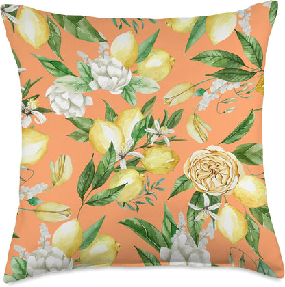 Summer by Vine Mercantile Melon-Amalfi Lemon Blossom Watercolor Citrus Pattern Throw Pillow, 18x18, Multicolor