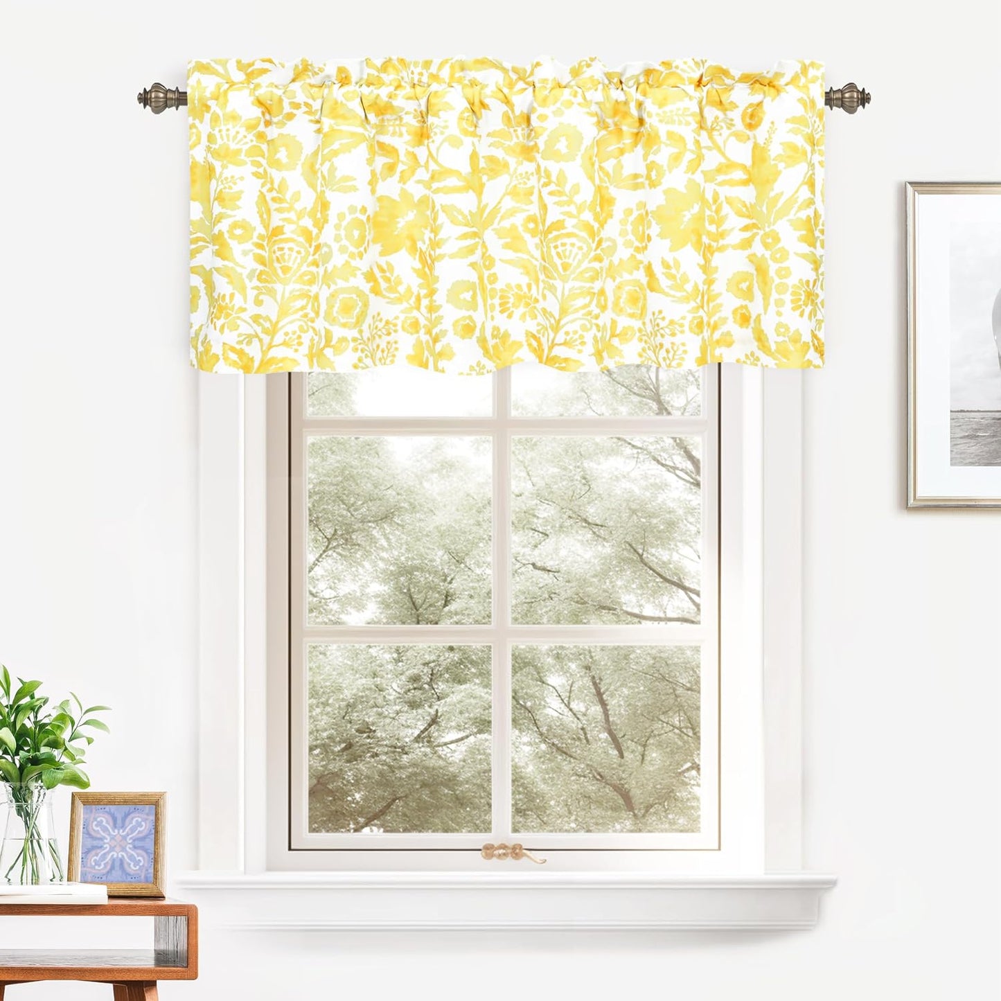 DriftAway Julia Watercolor Blooming Flower Floral Lined Thermal Insulated Window Curtain Valance Rod Pocket 52 Inch by 18 Inch Plus 2 Inch Header Yellow 1 Pack