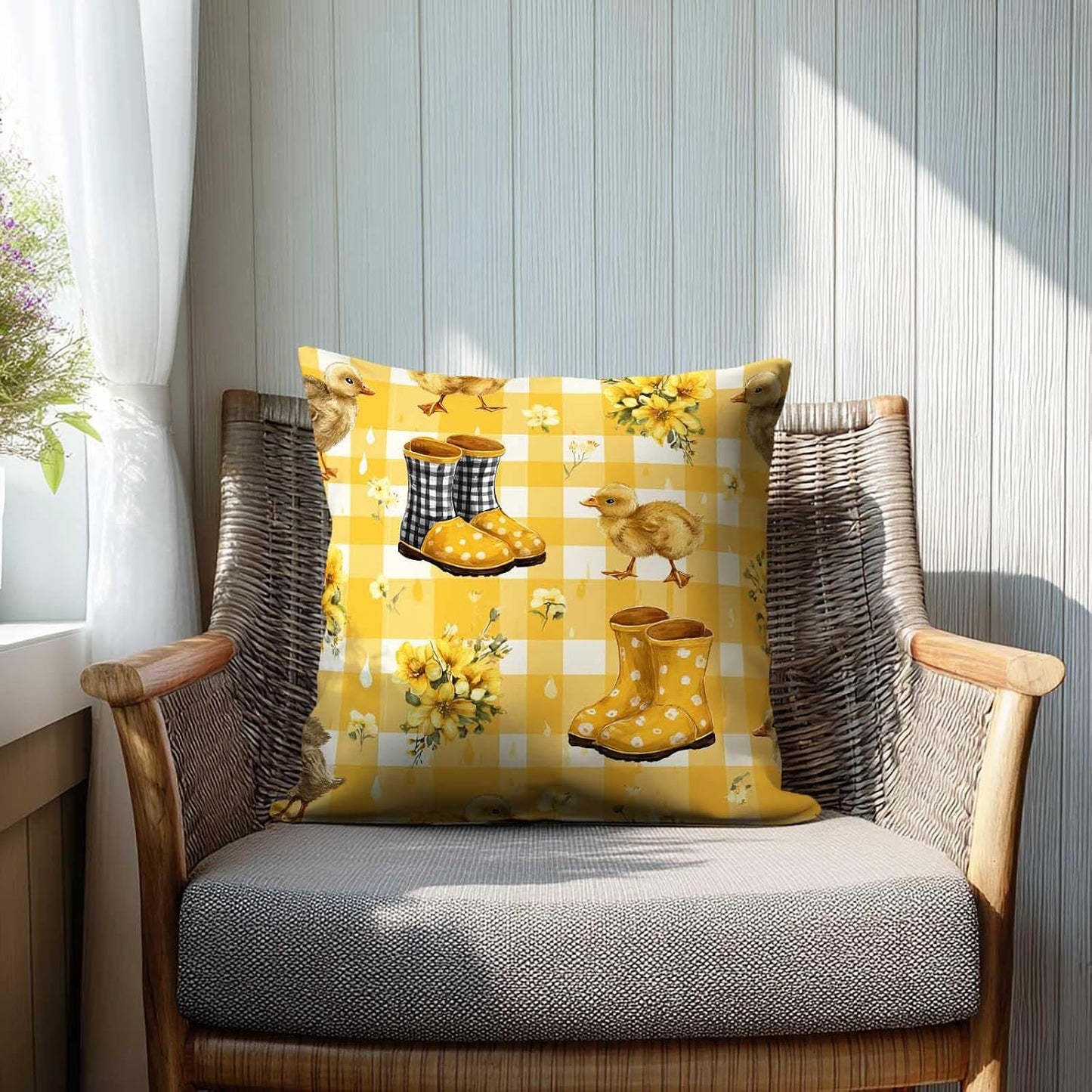 Duck Yellow Gingham Throw Pillow Covers 18x18 Inch, Set of 2 | Spring Farmhouse Square Cushion Cases for Couch Bedroom Nursery | Easter Farm Animal Home Decor, Decorative Pillowcases