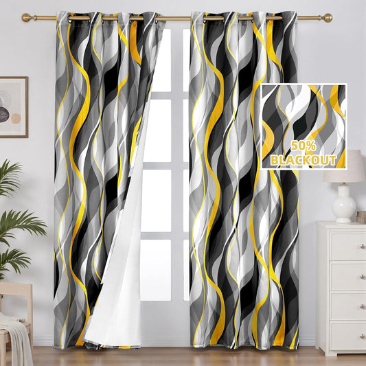 weesire Yellow and Grey Curtains Modern Striped Decorative 50% Light Blocking Darkening Grommet Yellow Curtain for Living Room Villa, Bedroom Gray and White 2 Panels Set, 52x84 Inches
