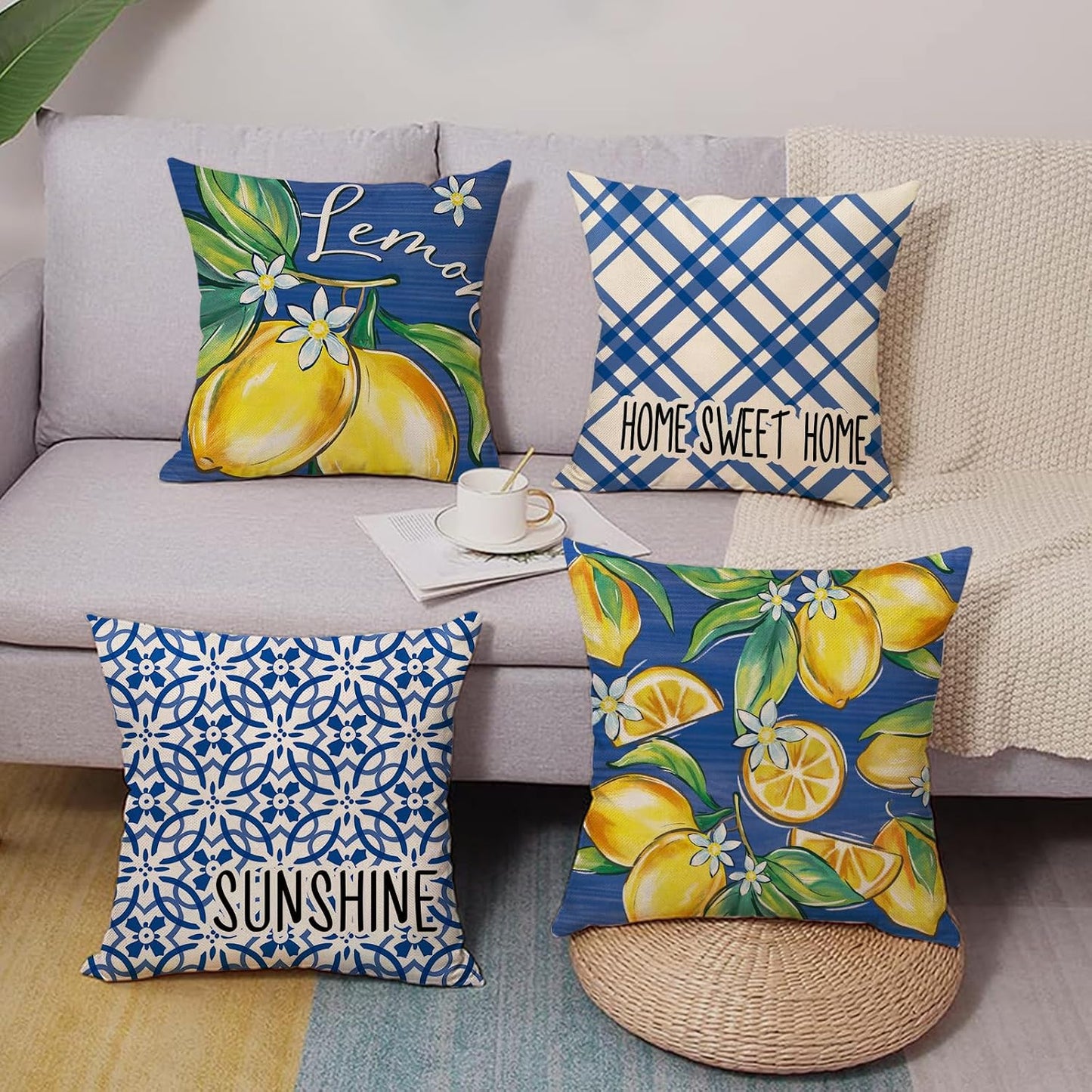Blue Lemon Decorative Throw Pillow Covers 18 x 18 Set of 4, Amalfi Coast Italy Tile Pattern Plaid Floral Home Sweet Home Outdoor Decor, Summer Mediterranean Sunshine Farmhouse Couch Cushion Case