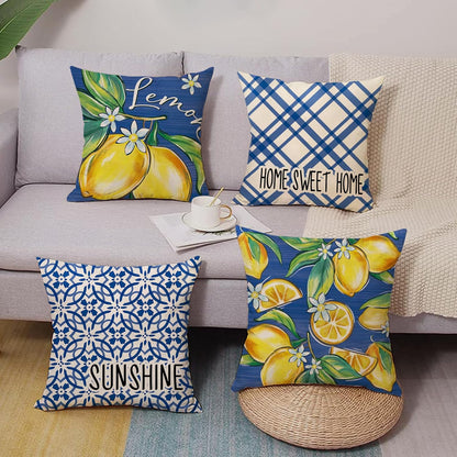 Blue Lemon Decorative Throw Pillow Covers 18 x 18 Set of 4, Amalfi Coast Italy Tile Pattern Plaid Floral Home Sweet Home Outdoor Decor, Summer Mediterranean Sunshine Farmhouse Couch Cushion Case