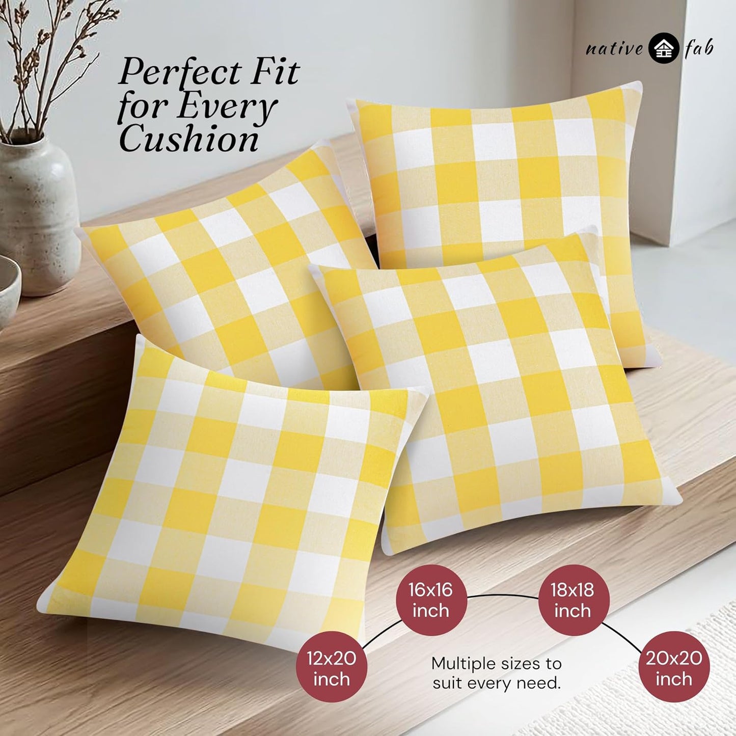 Native Fab Premium Throw Pillow Covers 2 Pack, 18x18 Inches, 100% Cotton, Vibrant Buffalo Plaid, Summer Check Cushion Cases, Bright Farmhouse Accent for Living Room, Outdoor, Lemon Yellow & White