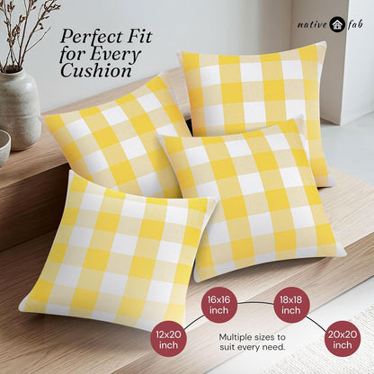 Native Fab Premium Throw Pillow Covers 2 Pack, 18x18 Inches, 100% Cotton, Vibrant Buffalo Plaid, Summer Check Cushion Cases, Bright Farmhouse Accent for Living Room, Outdoor, Lemon Yellow & White