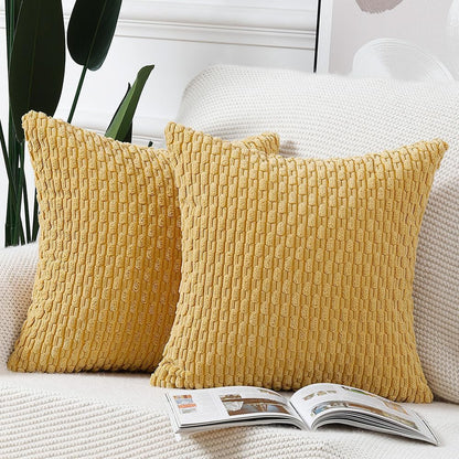 MADIZZ Pack of 2 Corduroy Decorative Euro Sham Pillow Covers 24x24 Inch Yellow Soft Boho Striped Couch Throw Pillows for Bed Pillowcases for Sofa Livingroom Home Decor