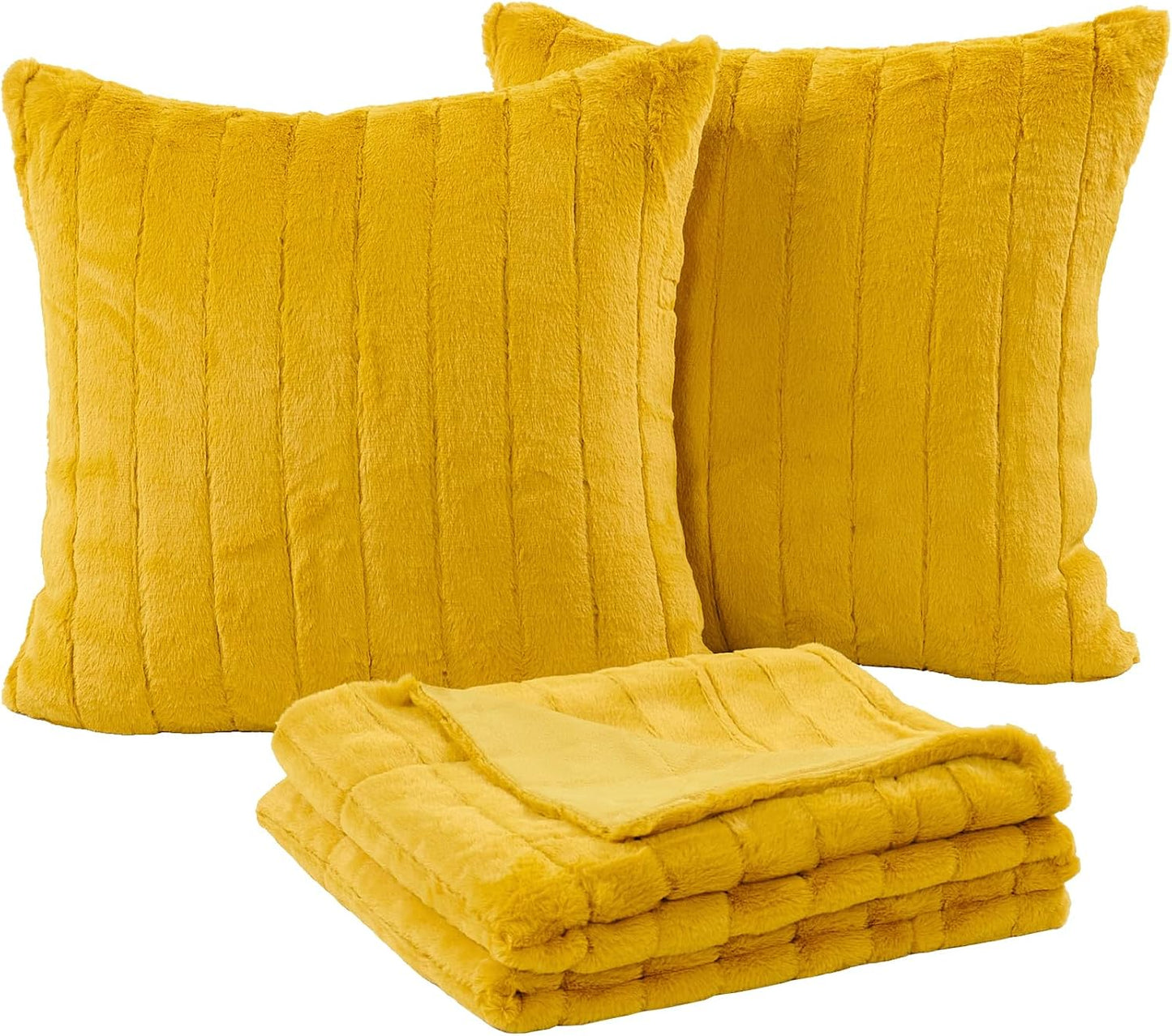 Home Soft Things Rabbit Faux Fur Throw Blanket (50" x 60") and 2 Pillow Covers (18" x 18")，3 Piece Lemon Curry Throw Pillow Set，Decorative Throw Blankets for Couch Bed Living Room
