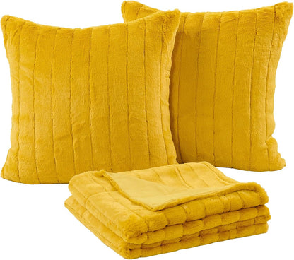 Home Soft Things Rabbit Faux Fur Throw Blanket (50" x 60") and 2 Pillow Covers (18" x 18")，3 Piece Lemon Curry Throw Pillow Set，Decorative Throw Blankets for Couch Bed Living Room