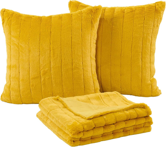Home Soft Things Rabbit Faux Fur Throw Blanket (50" x 60") and 2 Pillow Covers (18" x 18")，3 Piece Lemon Curry Throw Pillow Set，Decorative Throw Blankets for Couch Bed Living Room