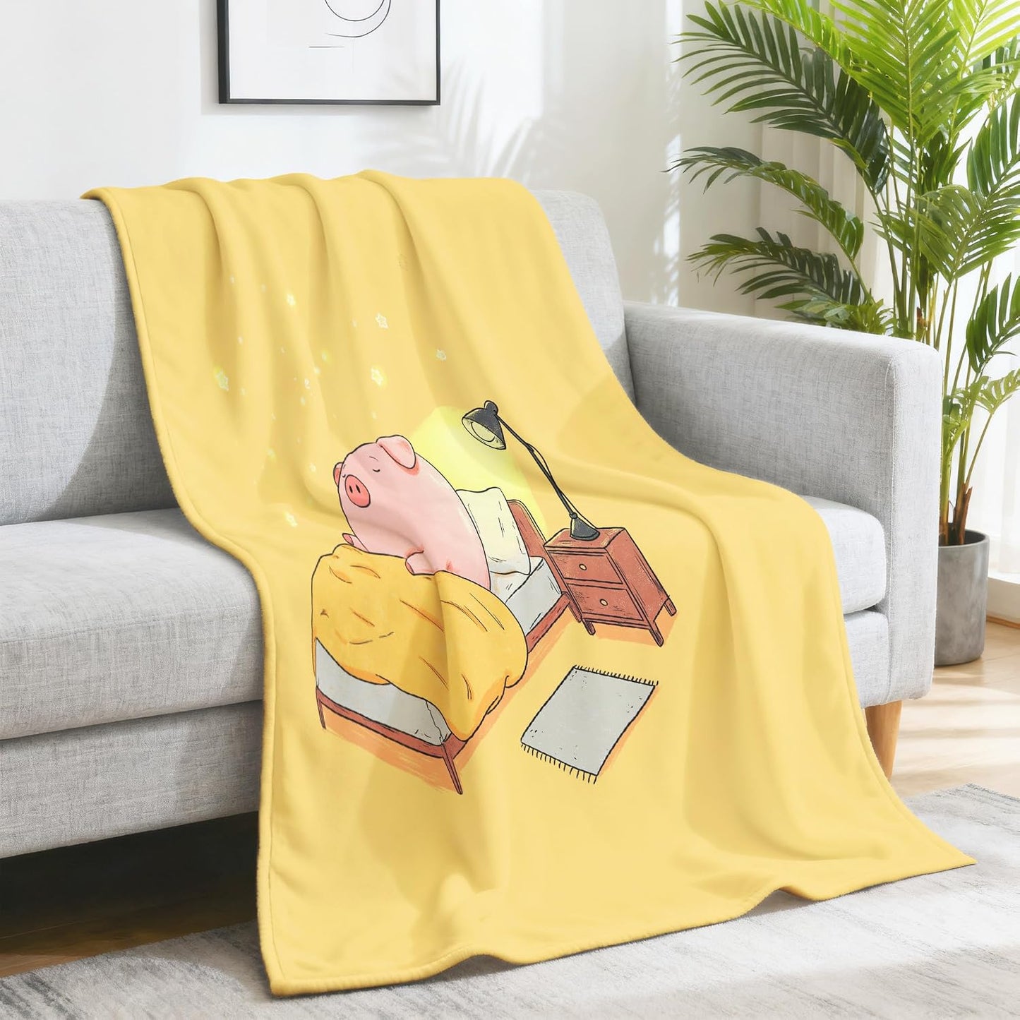The Cartoon Throw Blanket 50" x 70", Piglet Sleeping Cozy Printed Blankets Gifts for Women Men Kids Fleece Cozy Fuzzy Lemon Yellow Blanket for Birthday Christmas Room Decor