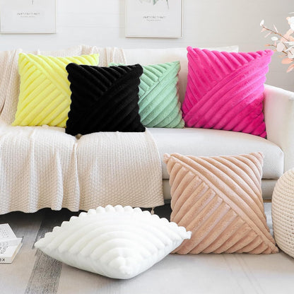 OTOSTAR Faux Fur Plush Throw Pillow Covers 16 x 16 Inch Fuzzy Soft Striped Decorative Velvet Pillow Case Couch Home Decor Pillow Covers for Sofa Bed Living Room Set of 2 (Lemon Yellow)