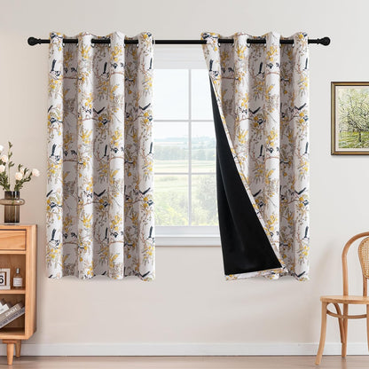 H.VERSAILTEX Floral 100% Blackout Curtains 63 inch Length 2 Panels Vintage Curtain Drapes Light Blocking Grommet Patterned Thermal Insulated Yellow Flower Curtains for Living Room, Mustard/Black