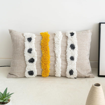 Boho Tufted Lumbar Throw Pillow Cover with Handwoven Stripes, Linen Cotton Simple Decorative Cushion Case for Couch Sofa, 1 PC (Beige Yellow, 12x20 inch)