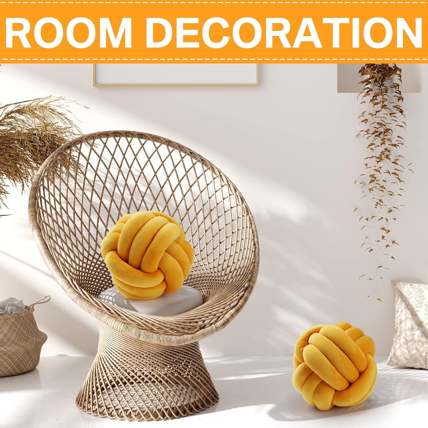 Namalu 2 Pcs Soft Knot Pillow Ball, Decorative Round Throw, Soft Knotted Plush Pillows, Handmade Stuffed Ball Pillows Cushion for Bedroom Sofa Couch Home Decor(7.87 Inches,Ginger Yellow)