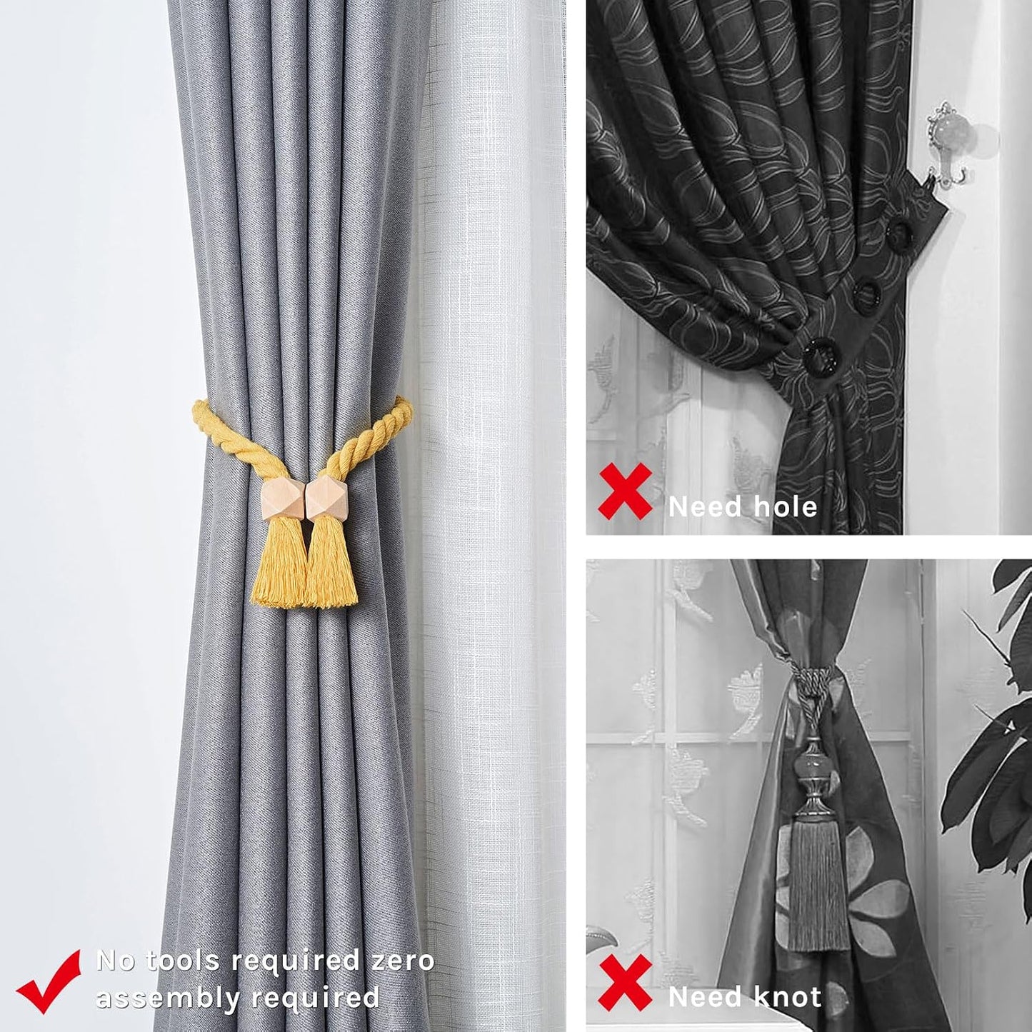 NICEEC 2 Pack Wooden Polyhedron Magnetic Curtain Tiebacks Boho Home Decor Drape Tie Backs Natural Cotton Hand Woven Rope Curtain Holdbacks for Home & Office Window Draperies (Yellow)