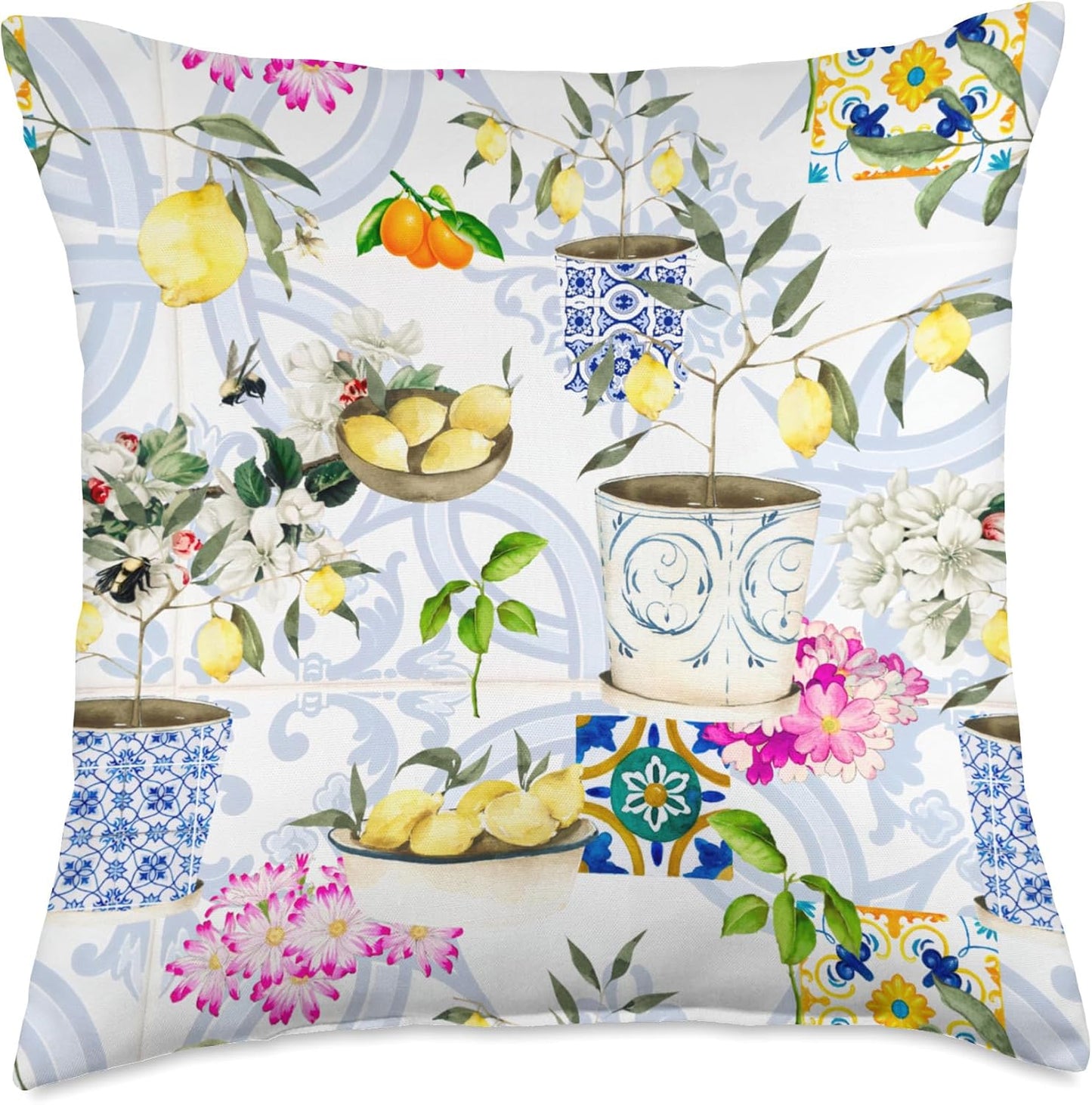 Summer Mosaic, Mediterranean,Italian Style,Lemon, Art Throw Pillow, 18x18, Multicolor