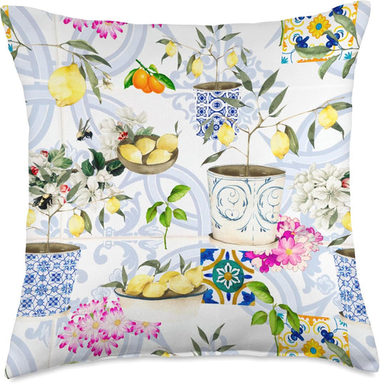 Summer Mosaic, Mediterranean,Italian Style,Lemon, Art Throw Pillow, 18x18, Multicolor