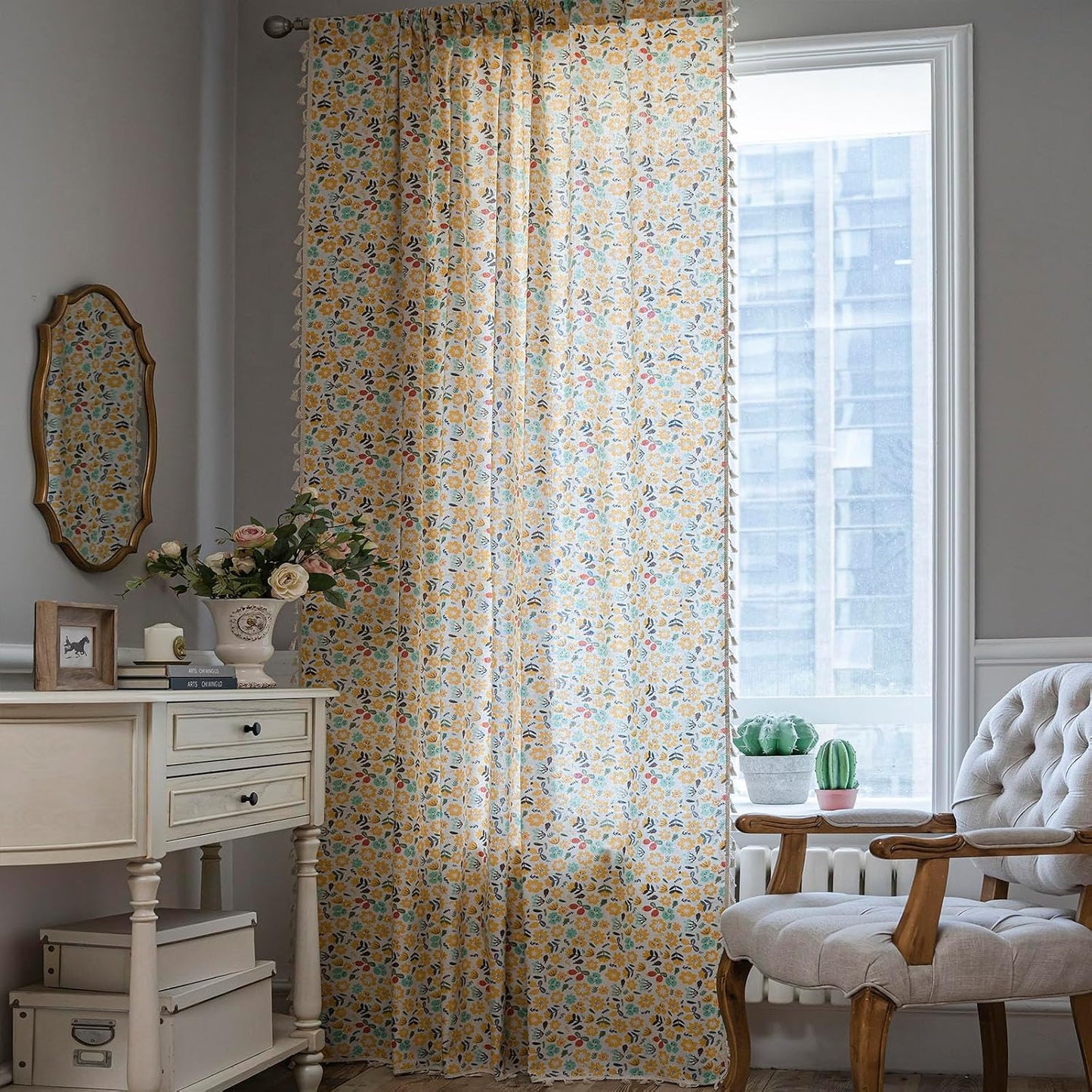 Floral Curtains 63 Inch Length 2 Panels Tassel Boho Semi-Sheer Drapes Bedroom Living Room Farmhouse Short Rustic Country Yellow Green Flower Rod Pocket Cotton Linen Blend Window Curtain Panel