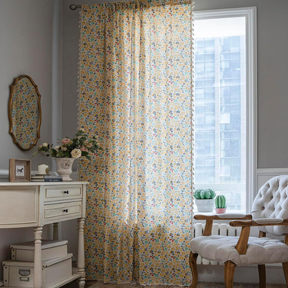 Floral Curtains 63 Inch Length 2 Panels Tassel Boho Semi-Sheer Drapes Bedroom Living Room Farmhouse Short Rustic Country Yellow Green Flower Rod Pocket Cotton Linen Blend Window Curtain Panel