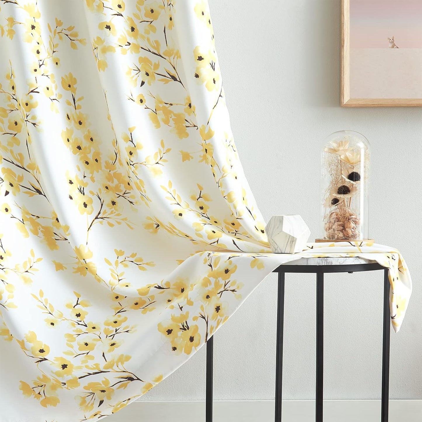 Melodieux Floral Curtains 84 Inches Long for Living Room, Farmhouse Yellow Apricot Flower Print White Decorative Grommet Drapes, 52x84 Inch, 2 Panels
