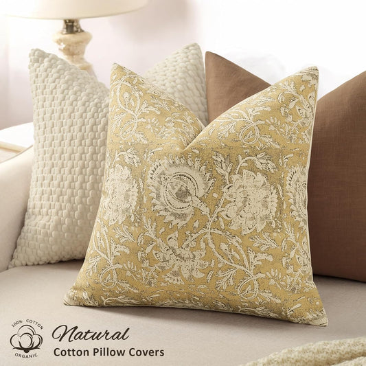 Vintage Floral Print Throw Pillow Covers 18x18 Set of 2 Neutral Modern Farmhouse Pillowcases Accent Decorative Cushion Covers Boho Home Decor for Couch Sofa Chair Bed Living Room, Yellow