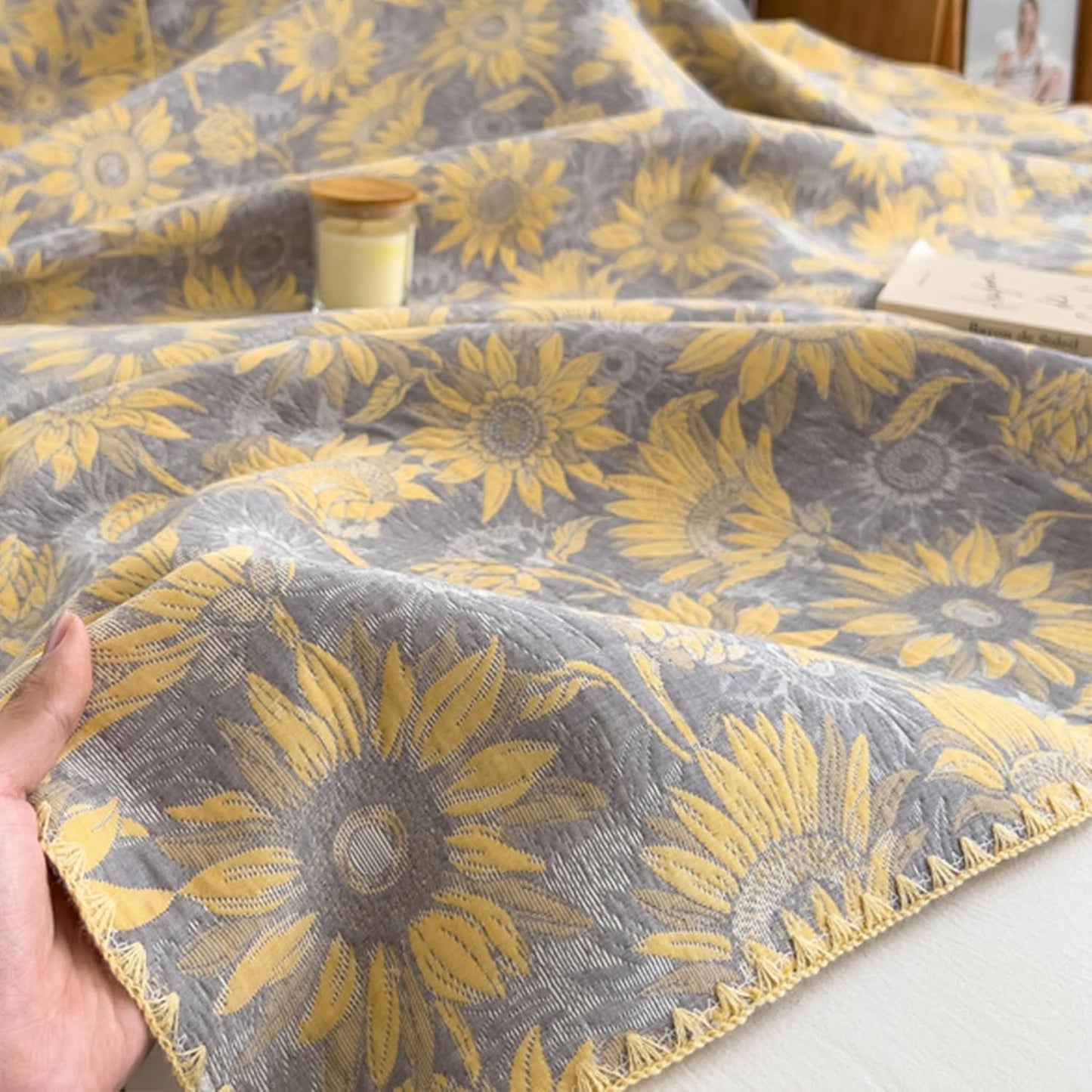 NIDITW 3 Layer Throw Blanket for Bed 100% Cotton Boho Floral Blanket 80''x90'' Summer Breathable and Lightweight Travel Muslin Blanket for Women Home Decor Yellow (Yellow Sunflower, 60"x80")