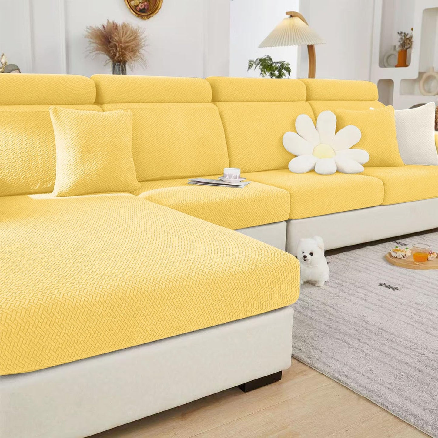 Magic Sofa Couch Covers Soothing Home Sofa Cushion Covers Universal Sofa Covers Washable Stretch Slipcovers for Sectional Sofa (Lemon Yellow,Large Triple Seat Cover)