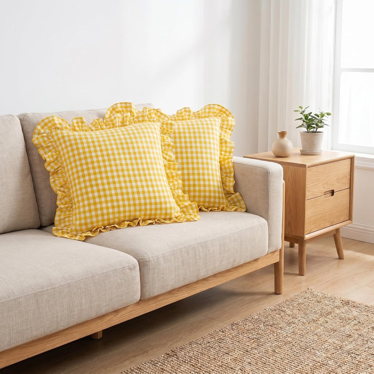 PartyDelight Gingham Throw Pillow Covers Yellow and White Ruffle Plaid Checkered Fall Decorative Farmhouse Euro Pillow Shams 2 Pack for Bed/Sofa Zipper Closure 100% Washed Cotton (18x18Inches)