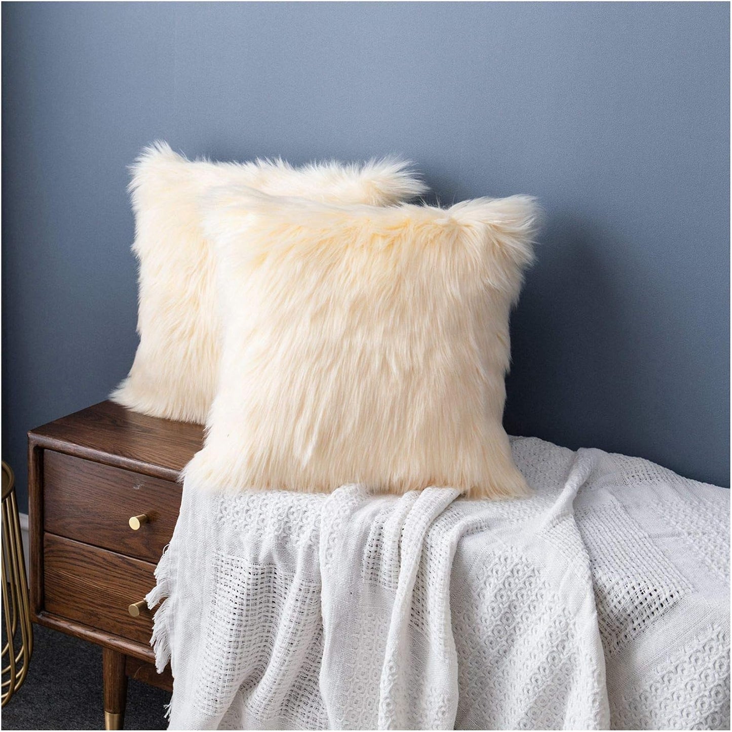 LIGICKY Luxury Series Soft Faux Fur Throw Pillow Cover Decorative Square Plush Pillow Case Cushion Cover for Couch Sofa Bed, 18" x 18" Light Yellow