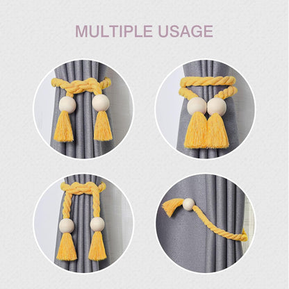 NICEEC 4 Pack Wooden Ball Magnetic Curtain Tiebacks Boho Home Decor Drape Tie Backs Natural Cotton Hand Woven Rope Curtain Holdbacks for Thin & Thick Home & Office Window Draperies (Yellow)