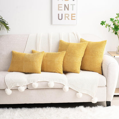 HWY 50 Mustard Yellow Corduroy Patchwork Throw Pillow Covers 12x20 Inch Rectangle, Set of 2, Soft Cozy Textured Decorative Cushion Cases for Couch Sofa Bed Living Room, Boho Striped Home Decor