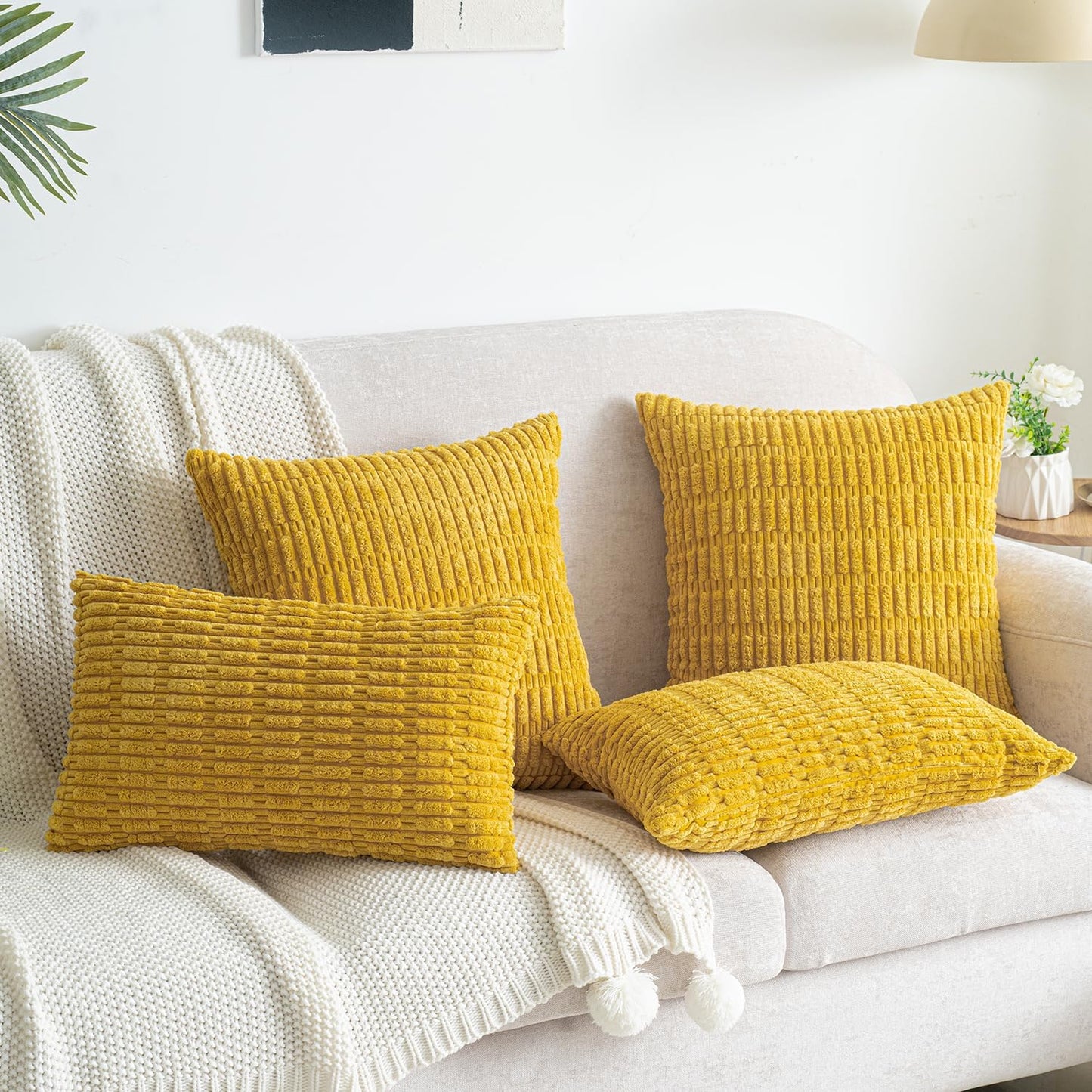 Pack of 2 Corduroy Decorative Throw Pillow Covers 18x18 Inch Soft Boho Striped Pillow Covers Modern Farmhouse Home Decor for Summer Sofa Living Room Couch Bed Mustard Yellow