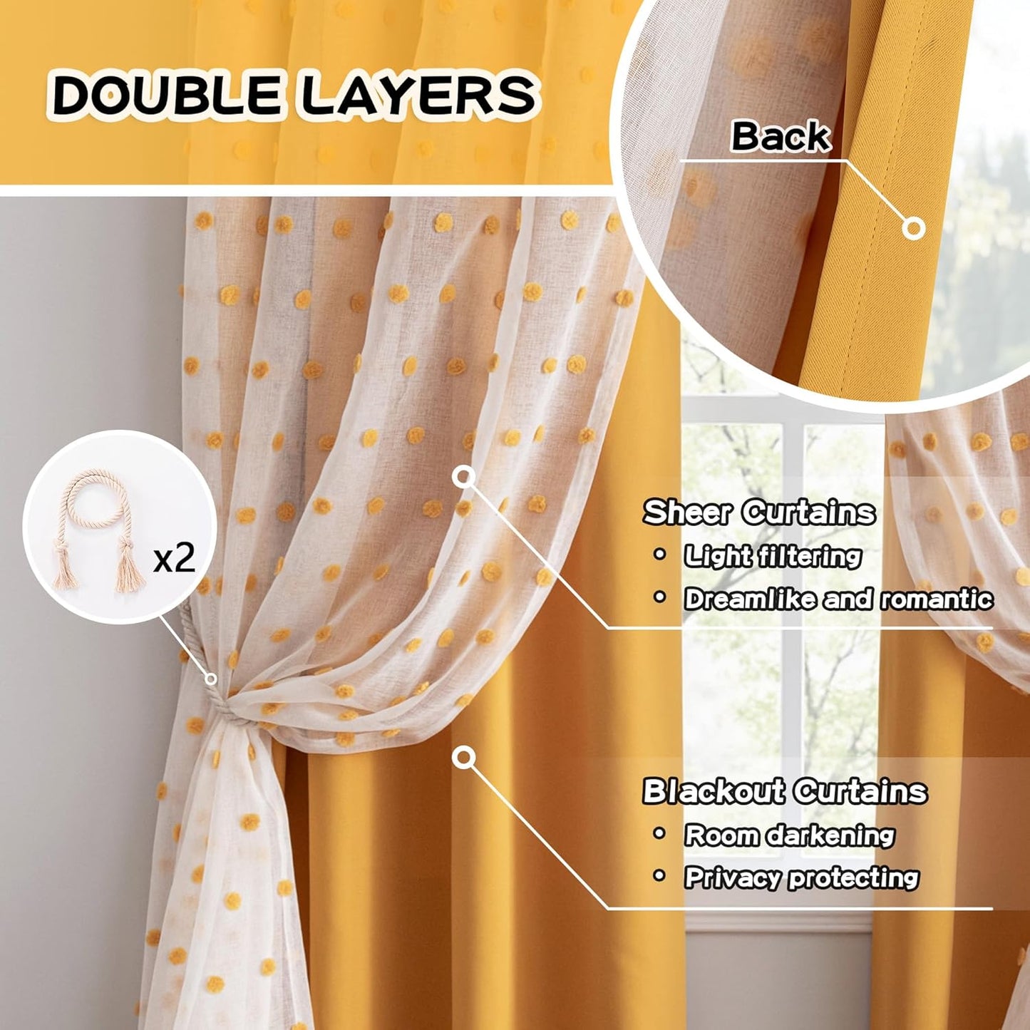 MYSKY HOME 90 Inches Long Living Room Curtains with Yellow Pom Pom Sheer Nursery Curtain Kids Blackout Drapes for Bedroom Double Layer Room Darkening Window Panels Grommet, Yellow, 52" Wide, 2 Pieces