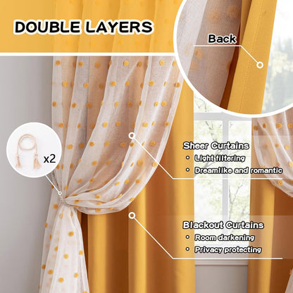 MYSKY HOME 90 Inches Long Living Room Curtains with Yellow Pom Pom Sheer Nursery Curtain Kids Blackout Drapes for Bedroom Double Layer Room Darkening Window Panels Grommet, Yellow, 52" Wide, 2 Pieces