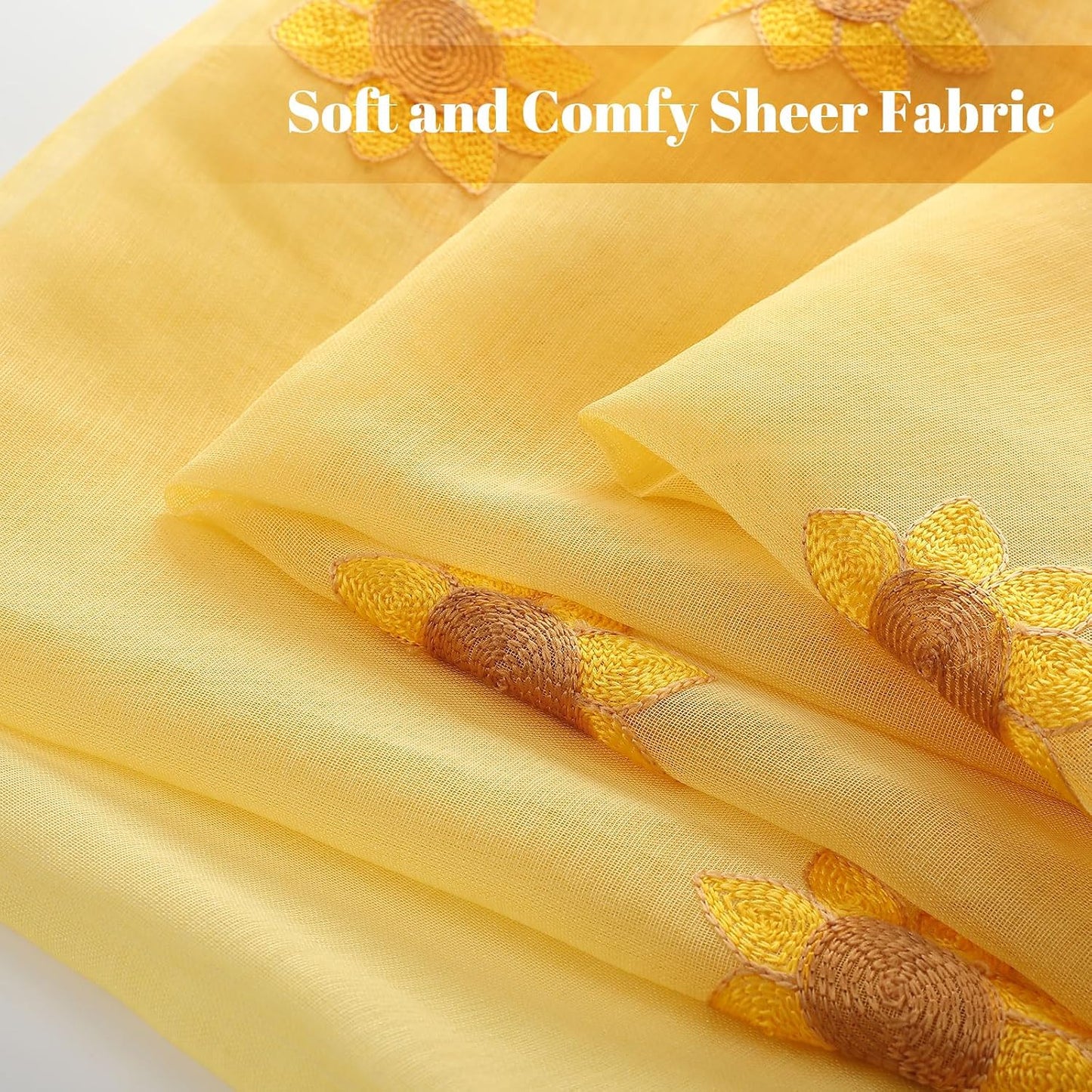 Tegeme 2 Panels Yellow Sunflower Sheer Curtains for Girl Boy Bedroom 84 Inches Long Embroidered Voile Curtains Decorative Coquettish Sheer Shades Linen Semi Window Decor for Summer Home Party Office