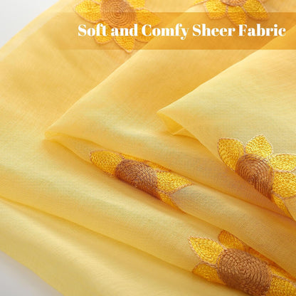 Tegeme 2 Panels Yellow Sunflower Sheer Curtains for Girl Boy Bedroom 84 Inches Long Embroidered Voile Curtains Decorative Coquettish Sheer Shades Linen Semi Window Decor for Summer Home Party Office