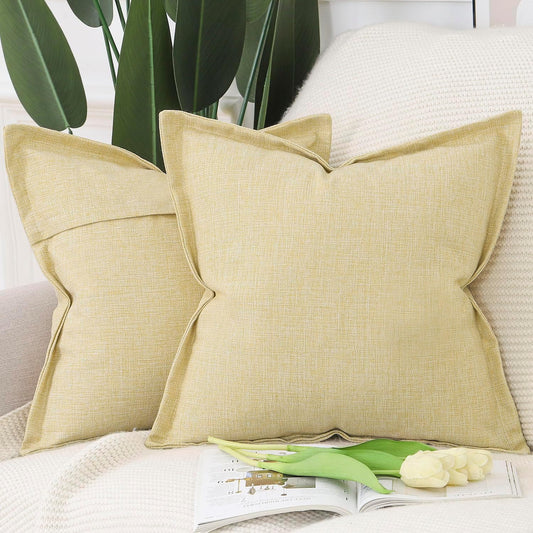 MADIZZ Pack of 2 Faux Rustic Linen Throw Pillow Covers with Flange Edge Soft Boho Natural Decorative Pillowcases for Sofa Living Room Modern Throw Pillows for Bed 18x18 Inch Light Yellow