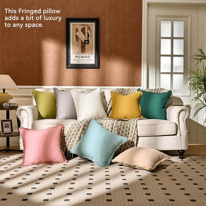 AmHoo Pack of 2 Linen Pillow Covers with Tassels Fringed Decorative Rustic Natural Throw Pillowcase Cushion for Couch Sofa Bedroom 18 x 18-Inch Mustard Yellow