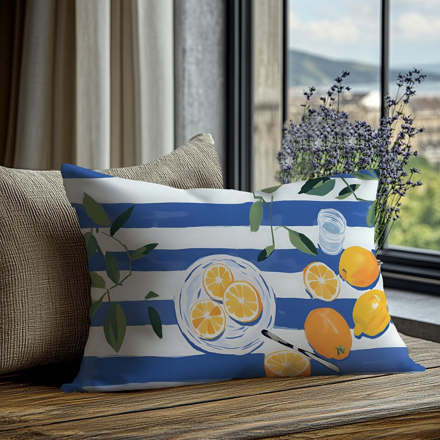 Summer Lemon Pillow Cover 12x20 Double-Sided, Lemon Home Decor, Trendy Blue and White Striped Yellow Fruit Decorative Lumber Throw Pillow Cover for Home Bedroom Living Room