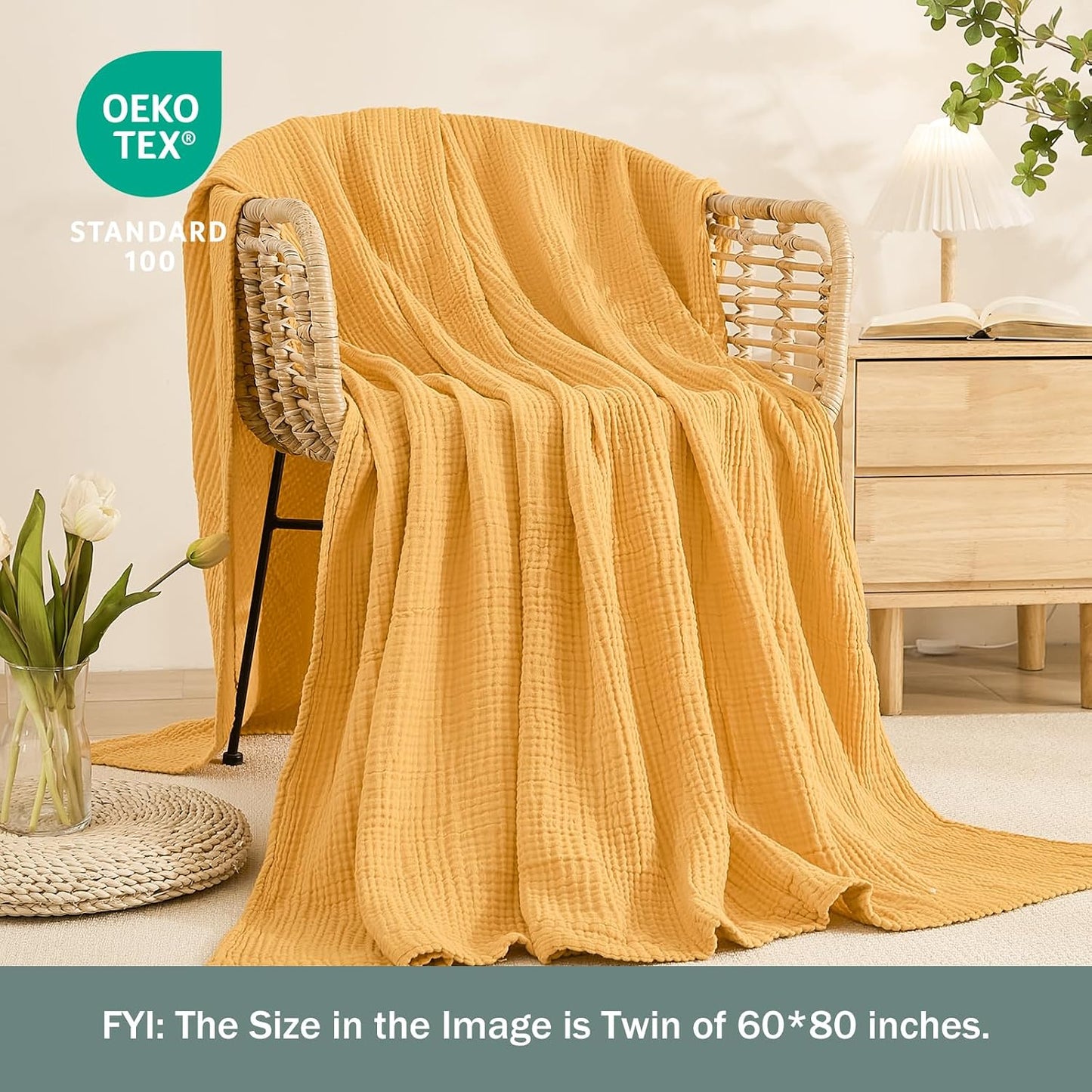 EMME Cotton Muslin Large Throw Blanket Couch Breathable Gauze Soft Lightweight Bed Blankets Adults (Heather Yellow, 50"x70")