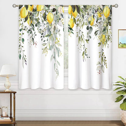 Eucalyptus Botanical Leaves Yellow Lemon Window Curtains Herb Plant Floral Fruit Sage Green Rod Pocket Curtain Drapes Flower Curtains for Bedroom Living Room Treatment 2 Panels 42Wx45H Inch