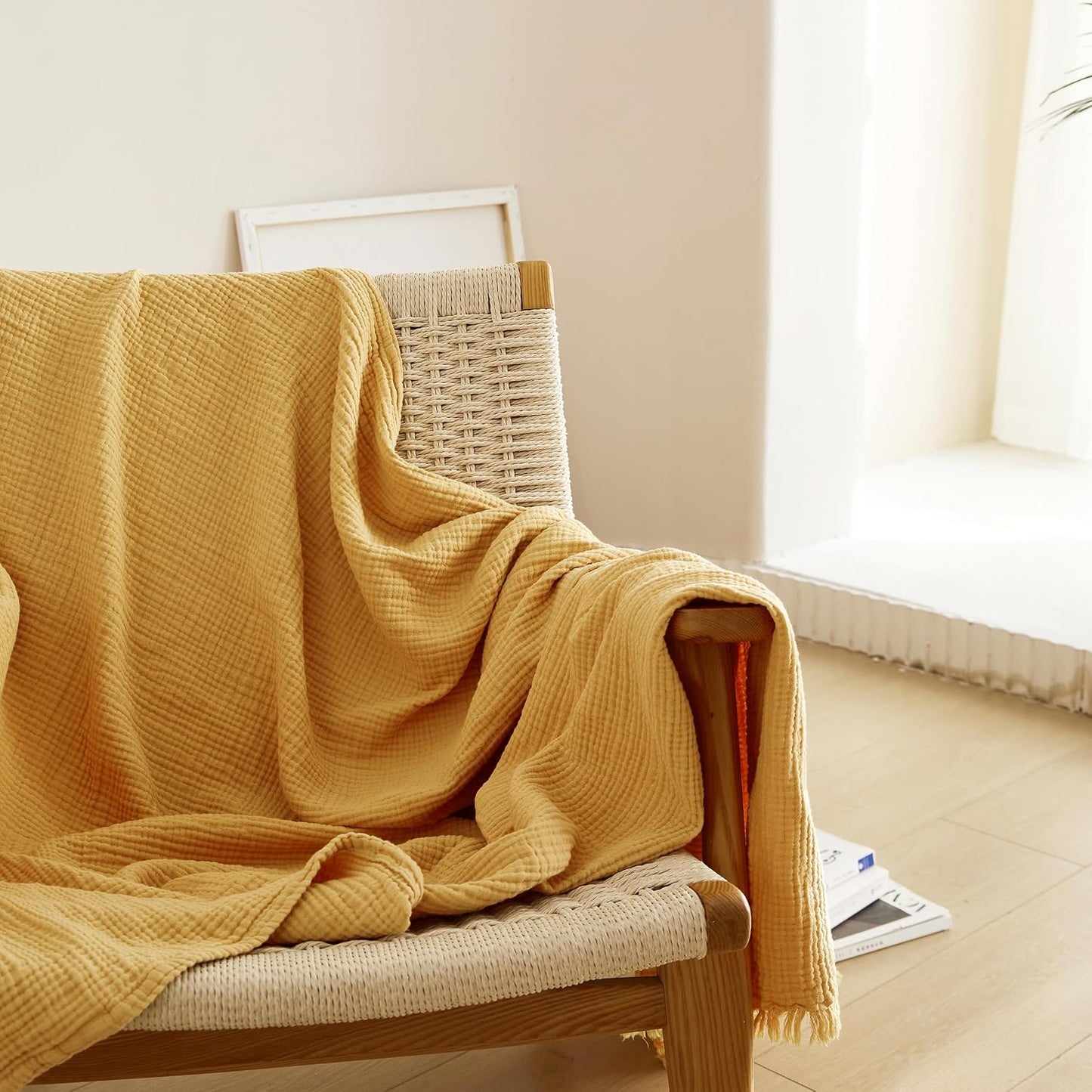Simple&Opulence Cotton Muslin Throw Blanket 4 Layers for Bed, Couch, Woven Gauze Blanket with Tassels, Soft Lightweight Cozy Pre-Washed Breathable Farmhouse Decoration for All-Season(Yellow)