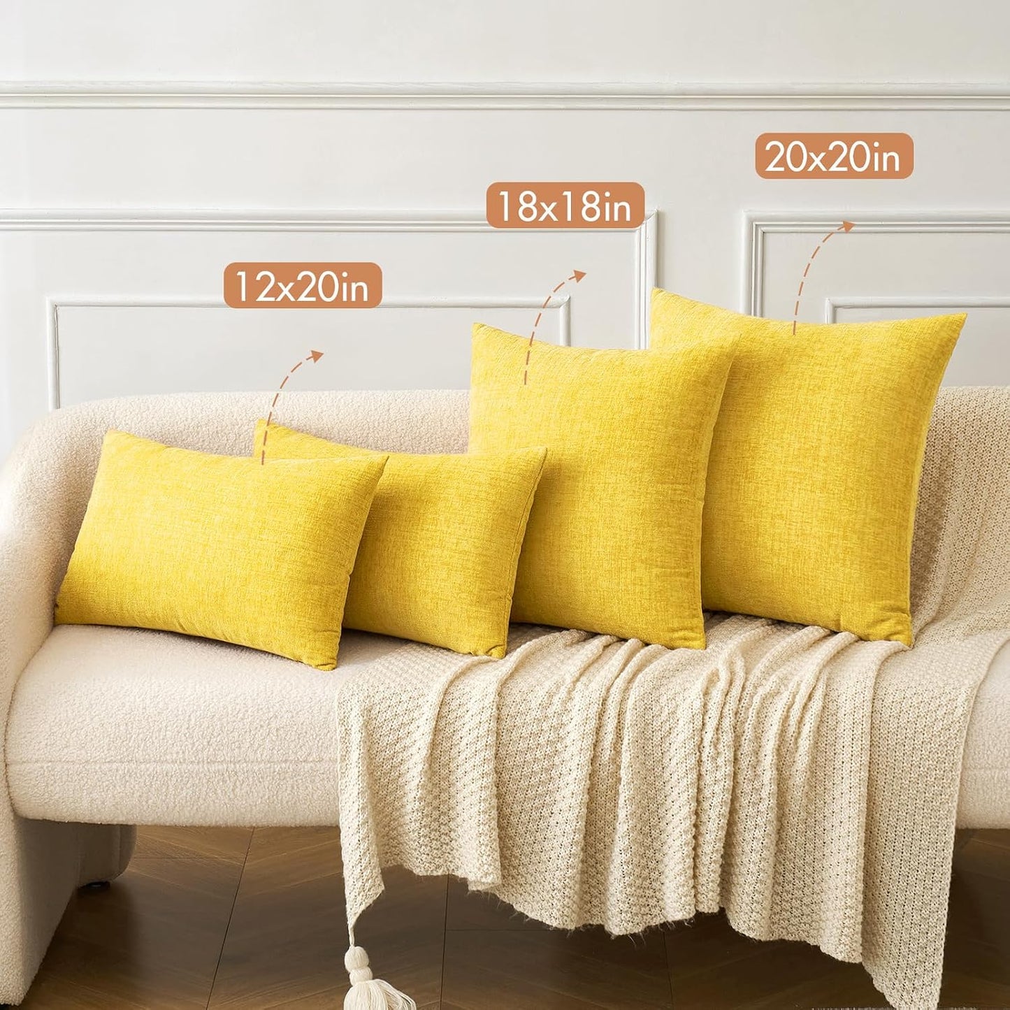MIULEE Pack of 2 Couch Throw Pillow Covers 18x18 Inch Soft Yellow Chenille Pillow Covers for Sofa Living Room Spring Home Decor Couch Solid Dyed Cases